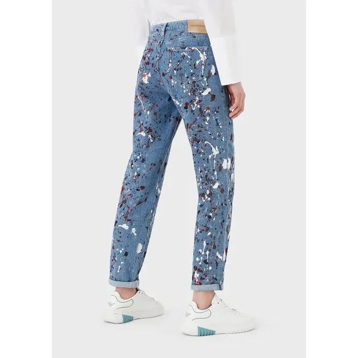 EMPORIO ARMANI J15 MEDIUM-WAIST, CROPPED, RELAXED-LEG, VINTAGE-LOOK DENIM JEANS WITH MULTICOLOURED SPOTS