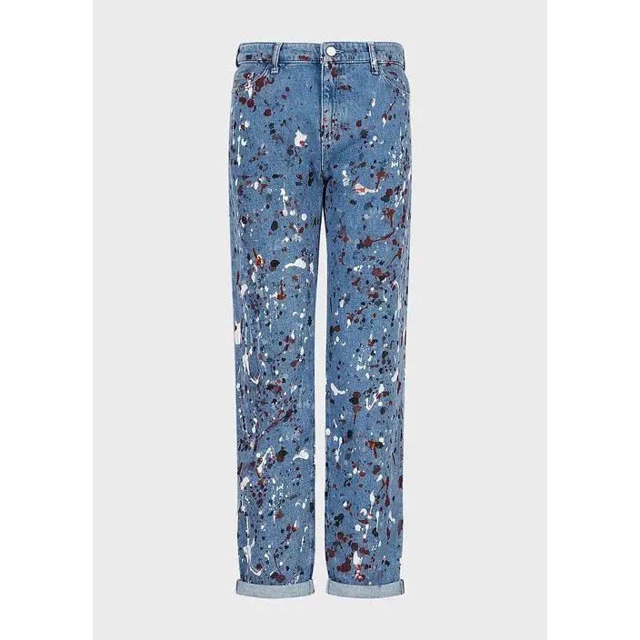 EMPORIO ARMANI J15 MEDIUM-WAIST, CROPPED, RELAXED-LEG, VINTAGE-LOOK DENIM JEANS WITH MULTICOLOURED SPOTS