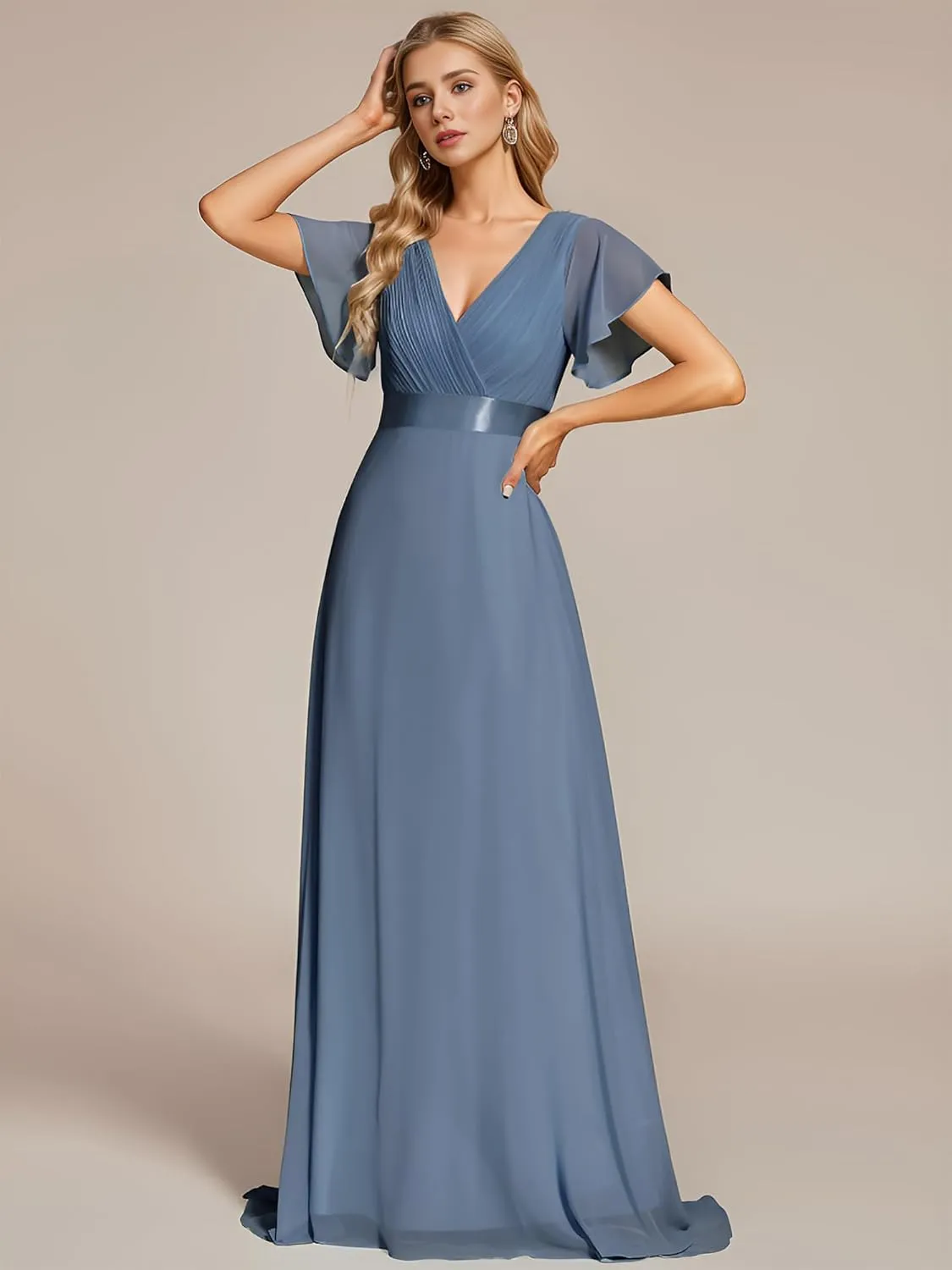 Ever-Pretty Women's Bridemaids Dress V Neck Short Sleeves A Line Chiffon Long Formal Dresses