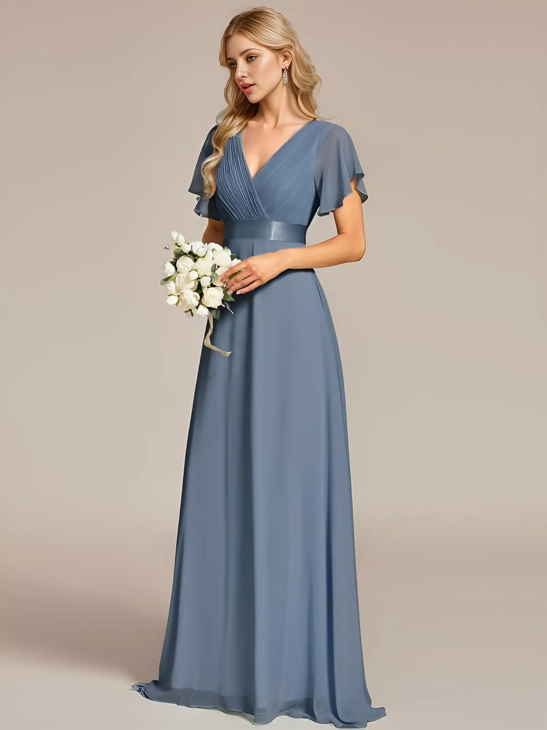 Ever-Pretty Women's Bridemaids Dress V Neck Short Sleeves A Line Chiffon Long Formal Dresses