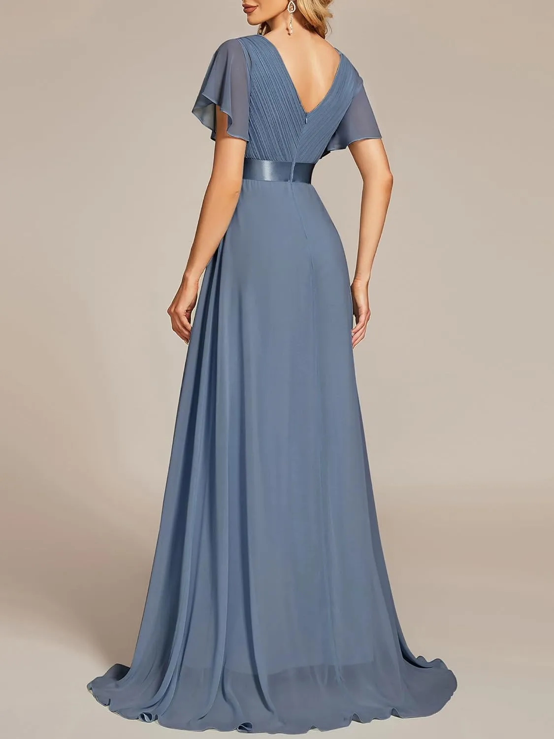 Ever-Pretty Women's Bridemaids Dress V Neck Short Sleeves A Line Chiffon Long Formal Dresses