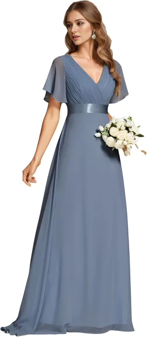 Ever-Pretty Women's Bridemaids Dress V Neck Short Sleeves A Line Chiffon Long Formal Dresses