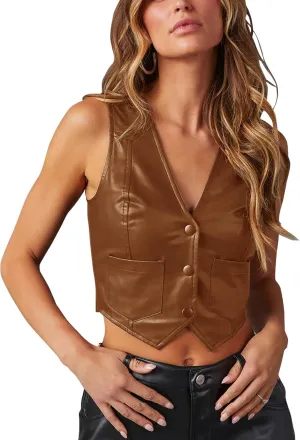 Fallorchid Women's Button Up Sleeveless Vest Crop Tops Sexy V Neck Faux Leather Jacket Waistcoat