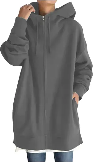 fartey Zip Up Hoodie Women Oversized Loose Baggy Long Sweatshirts Casual Drawstring Long Sleeve Y2K Jackets With Pockets