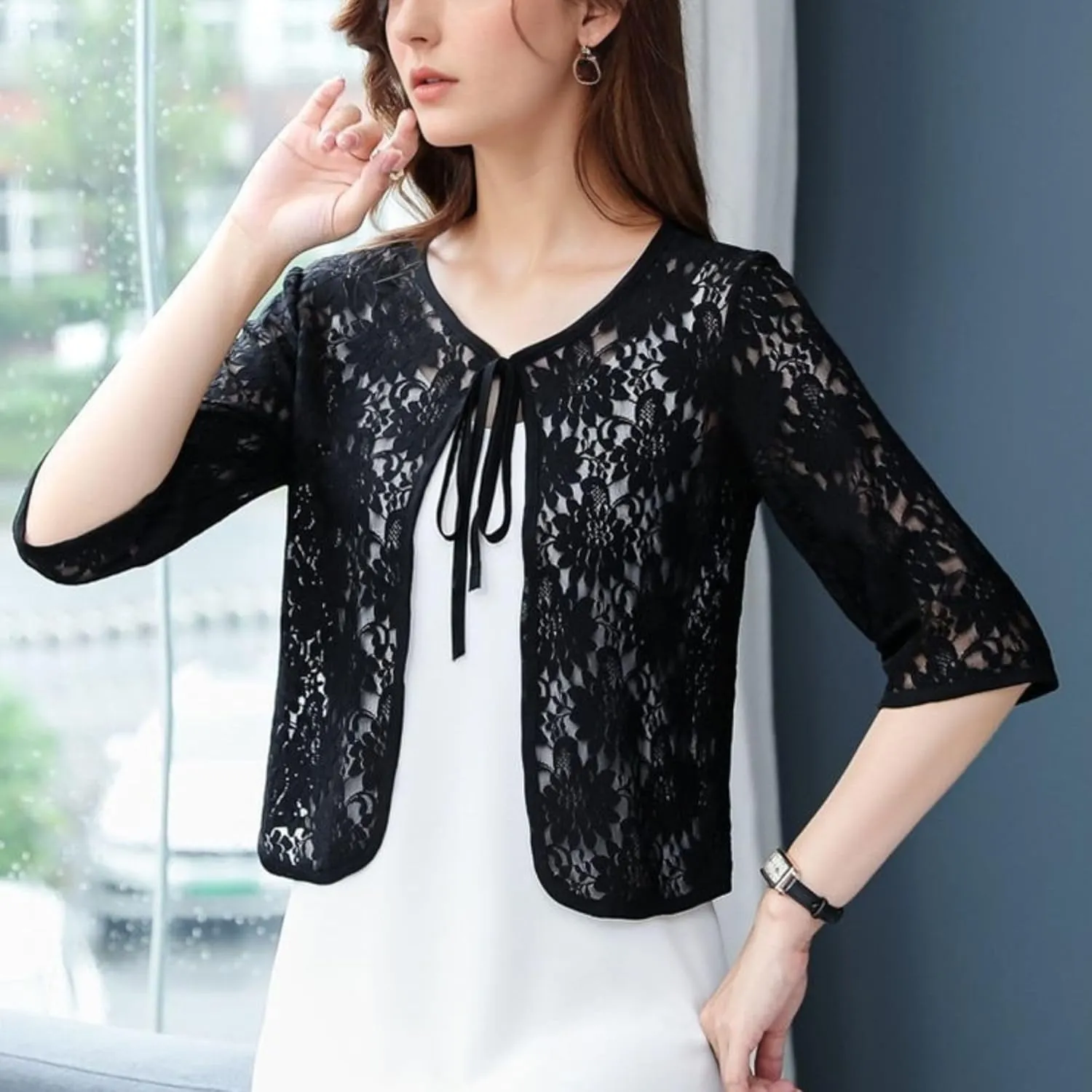 FindThy Womens Tie Front Chiffon Shrug Lightweight 3/4 Sleeve Cardigan Evening Dress Bolero Wraps