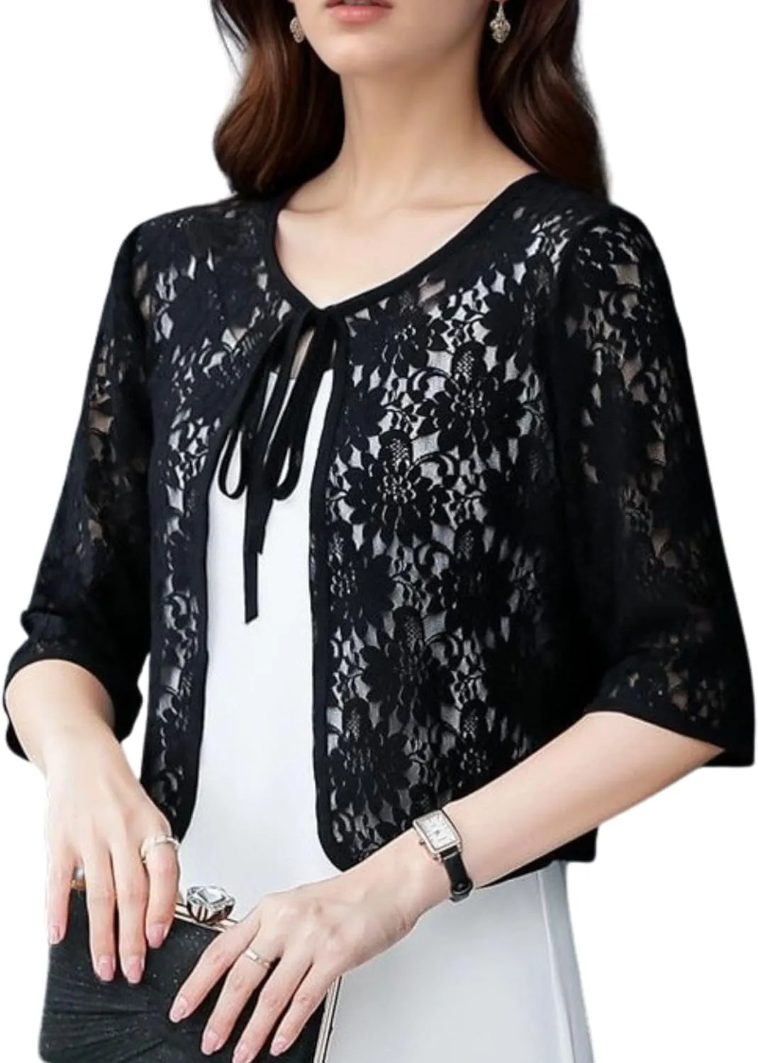 FindThy Womens Tie Front Chiffon Shrug Lightweight 3/4 Sleeve Cardigan Evening Dress Bolero Wraps