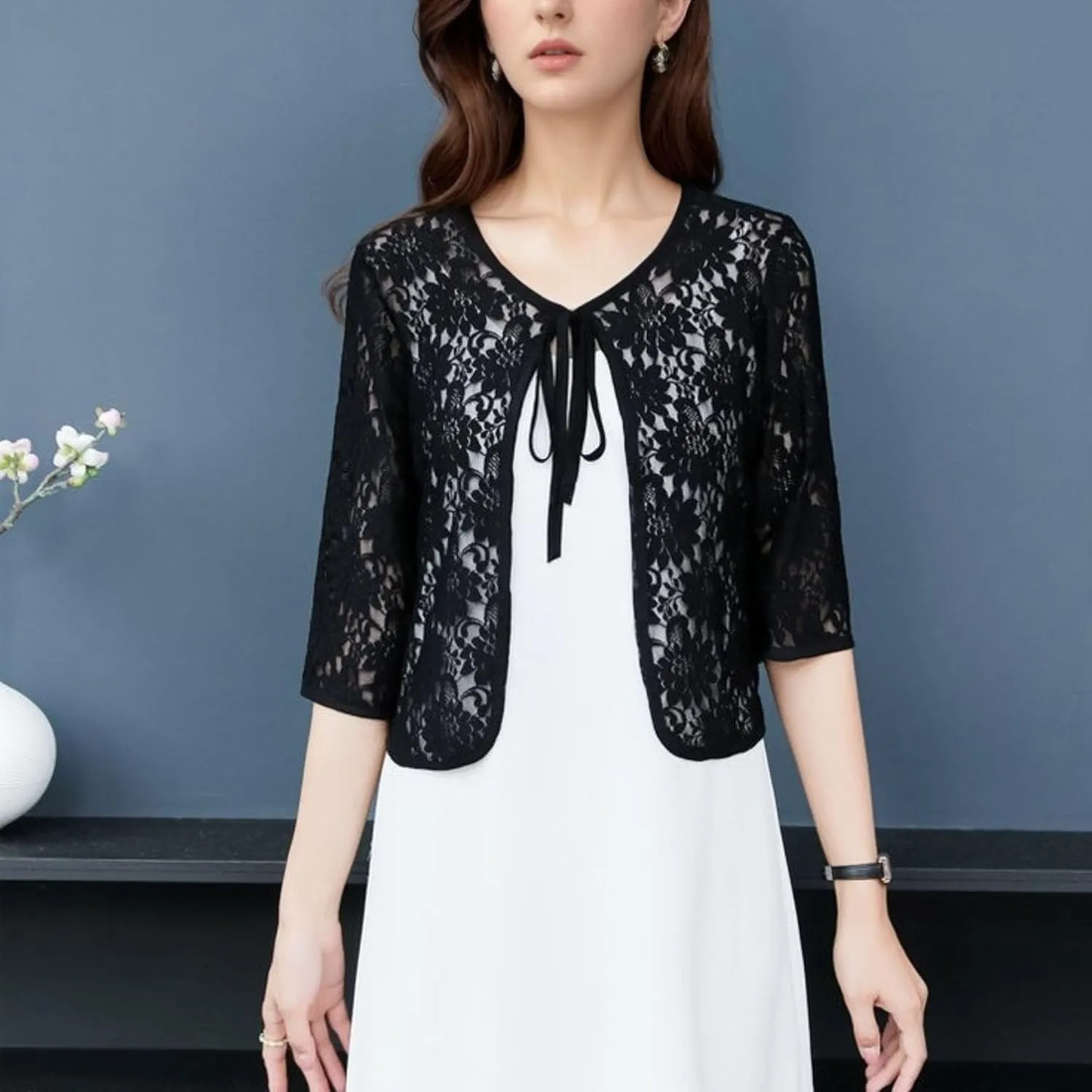 FindThy Womens Tie Front Chiffon Shrug Lightweight 3/4 Sleeve Cardigan Evening Dress Bolero Wraps