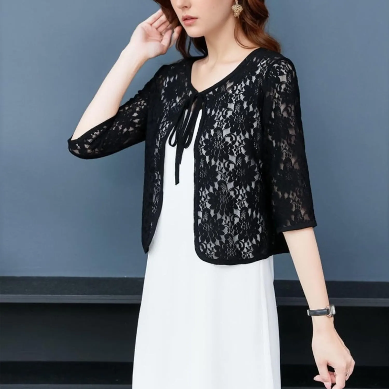 FindThy Womens Tie Front Chiffon Shrug Lightweight 3/4 Sleeve Cardigan Evening Dress Bolero Wraps