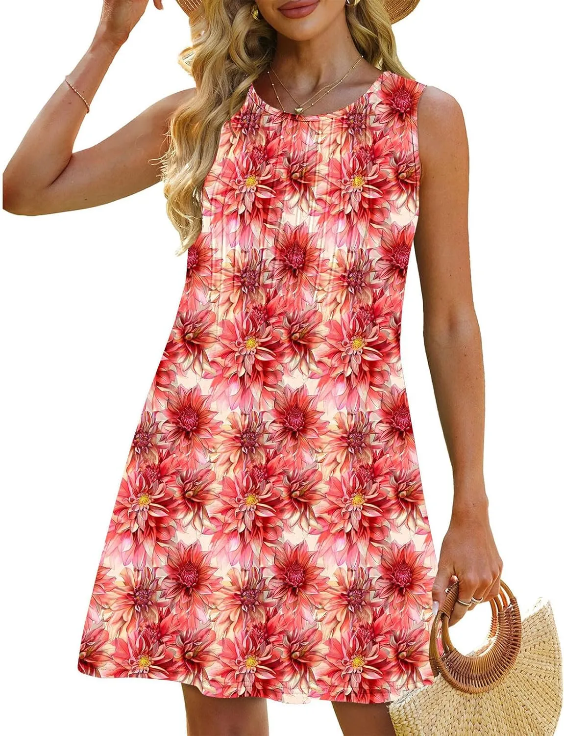 Finelylove Boho Dresses for Women 2025 Sleeveless Mini Floral Dresses Summer Beach Vacation Sundress Casual Tank Dress 2025