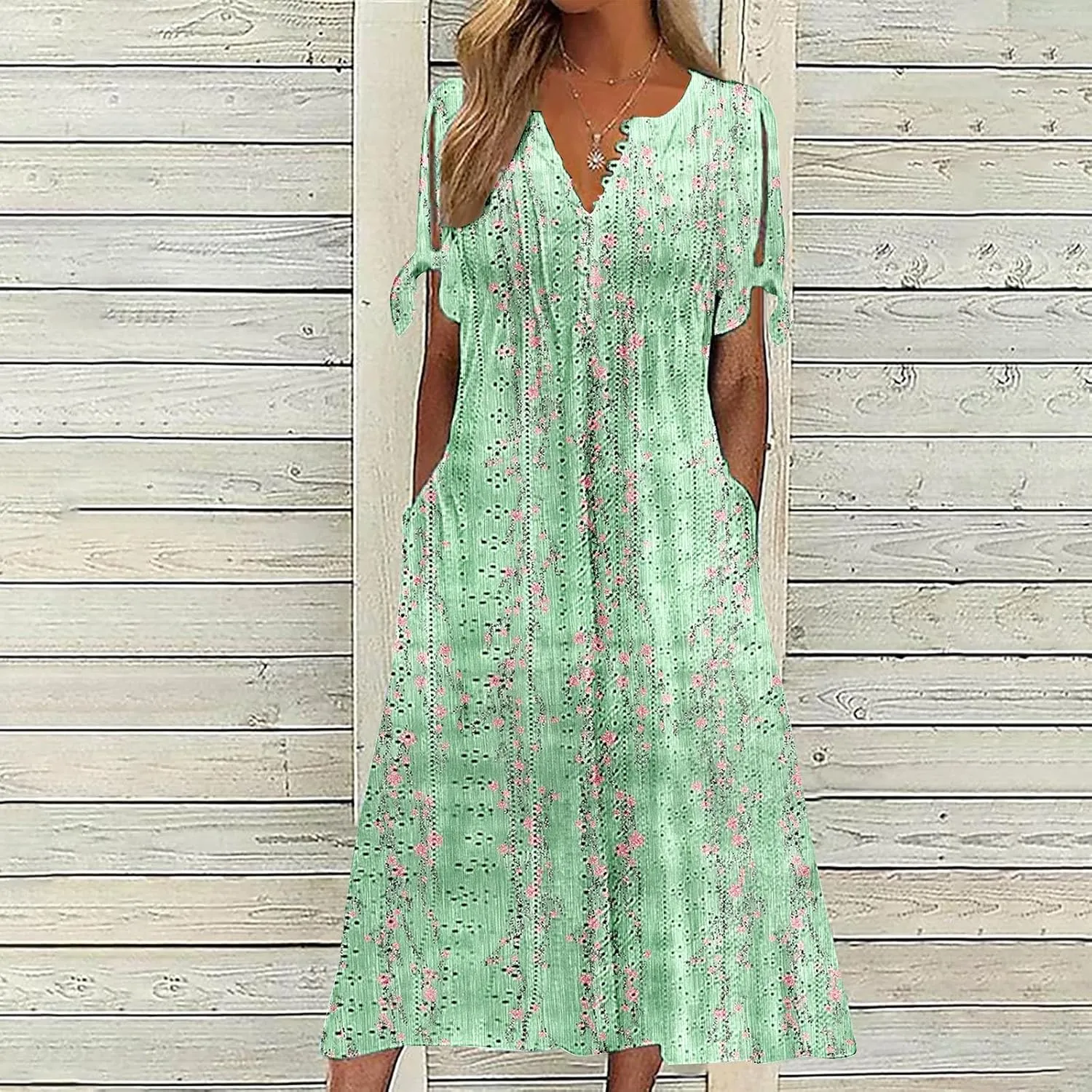 Finelylove Long Maxi Dresses for Women 2025 Trendy Floral Eyelet Short Sleeve Tshirt Dress Casual Boho Summer Beach Sundress