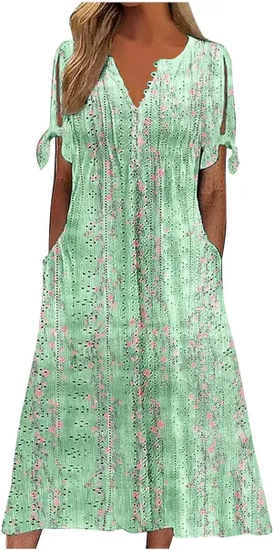 Finelylove Long Maxi Dresses for Women 2025 Trendy Floral Eyelet Short Sleeve Tshirt Dress Casual Boho Summer Beach Sundress