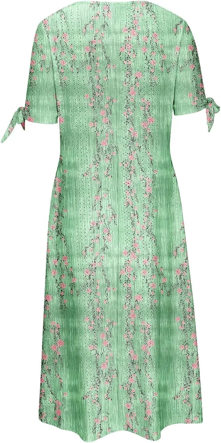 Finelylove Long Maxi Dresses for Women 2025 Trendy Floral Eyelet Short Sleeve Tshirt Dress Casual Boho Summer Beach Sundress
