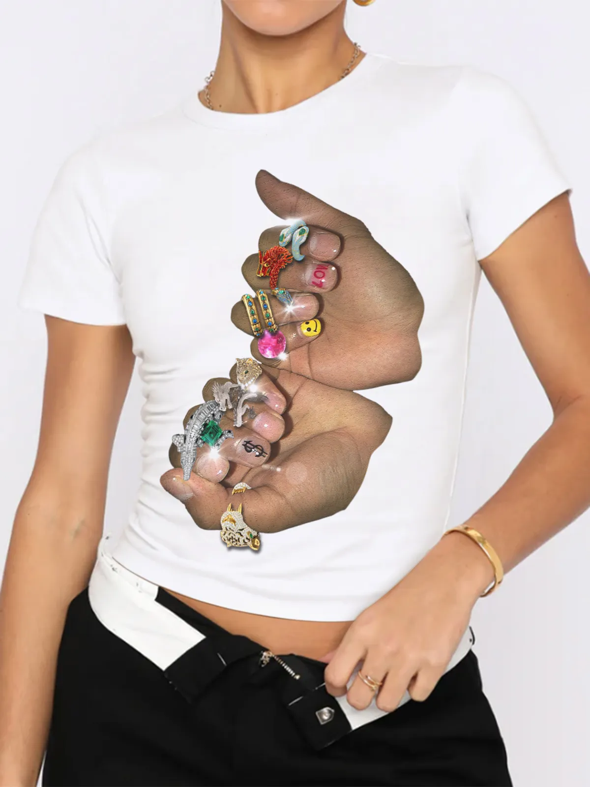 Finger Graffiti Diamond Ring Printed baby tee