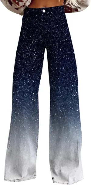 Flare Jeans for Women Wide Leg Jeans Woman Vintage Floral Print High Waisted Straight Stretch Pants with Pockets