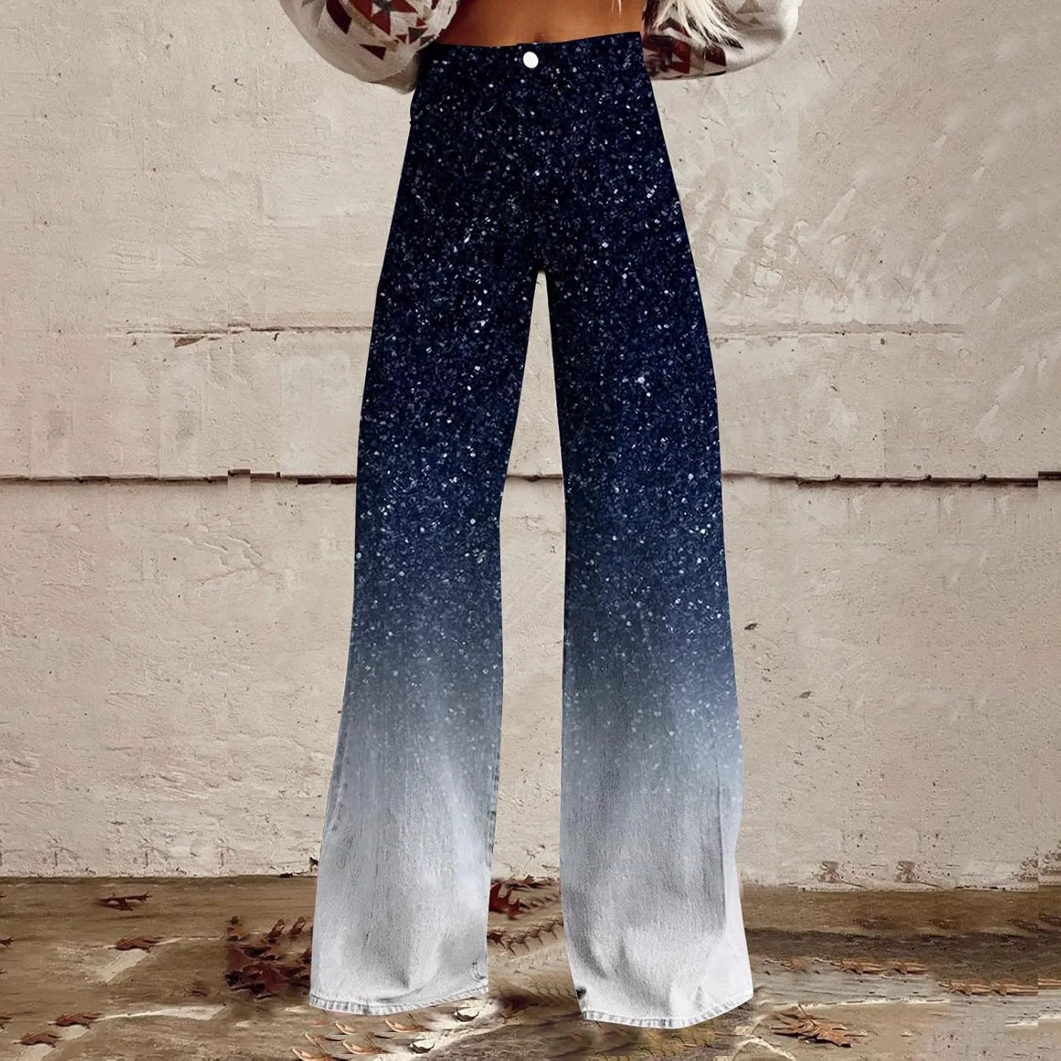 Flare Jeans for Women Wide Leg Jeans Woman Vintage Floral Print High Waisted Straight Stretch Pants with Pockets