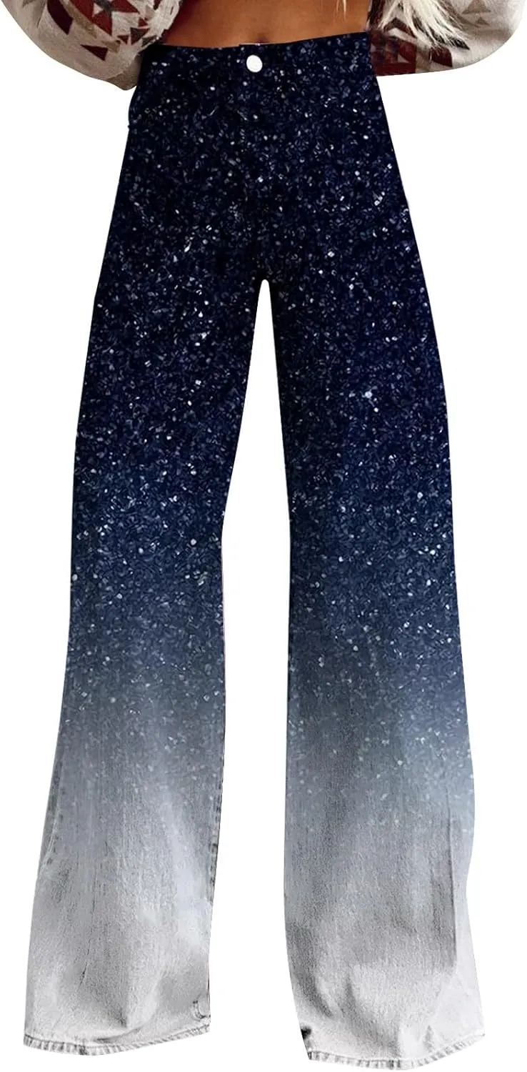 Flare Jeans for Women Wide Leg Jeans Woman Vintage Floral Print High Waisted Straight Stretch Pants with Pockets