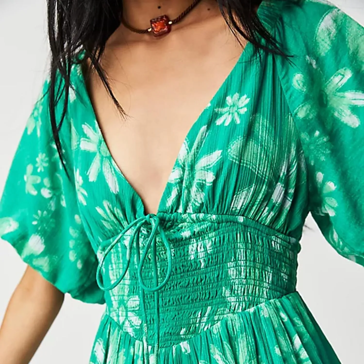 Floral Mini Dress Women Low Deep V Neck Sexy Short Sleeve Y2k Ruffle Vintage Going Out Dresses Party Night Out Club