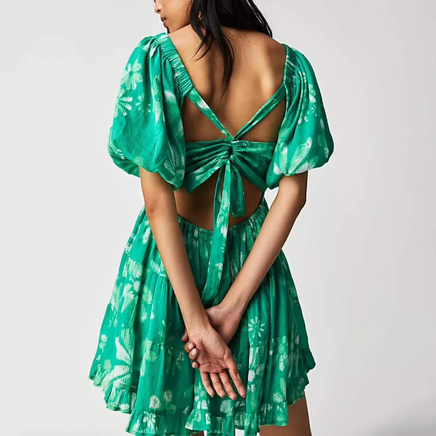 Floral Mini Dress Women Low Deep V Neck Sexy Short Sleeve Y2k Ruffle Vintage Going Out Dresses Party Night Out Club