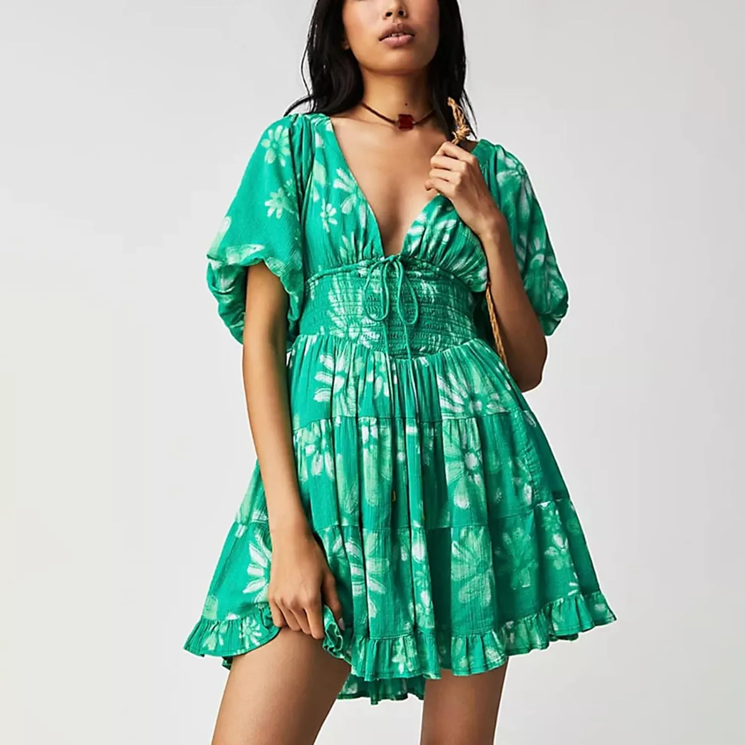 Floral Mini Dress Women Low Deep V Neck Sexy Short Sleeve Y2k Ruffle Vintage Going Out Dresses Party Night Out Club