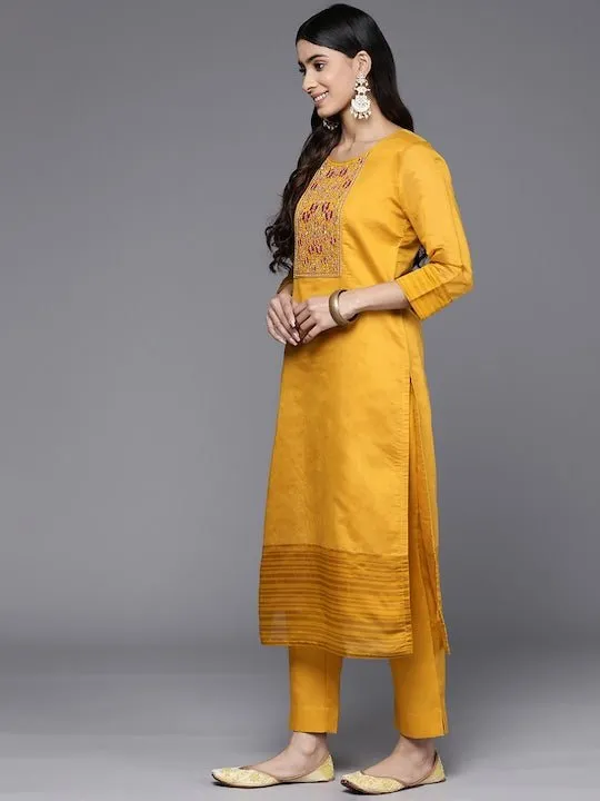 Floral Yoke Design Chanderi Cotton Kurta With Trousers & Dupatta