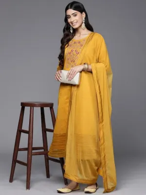 Floral Yoke Design Chanderi Cotton Kurta With Trousers & Dupatta