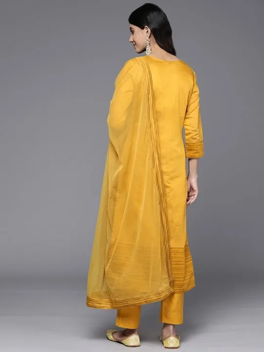 Floral Yoke Design Chanderi Cotton Kurta With Trousers & Dupatta