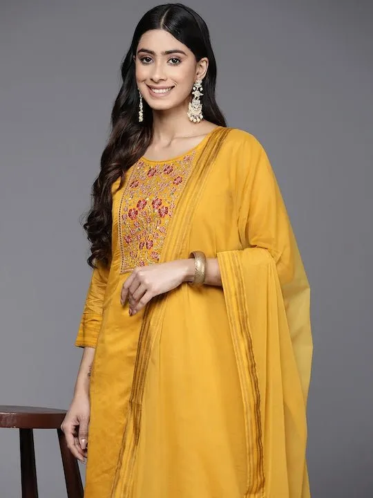 Floral Yoke Design Chanderi Cotton Kurta With Trousers & Dupatta