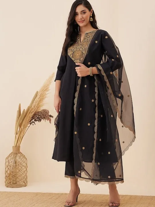 Floral Yoke Design Regular Chanderi Cotton Kurta With Trousers & Dupatta