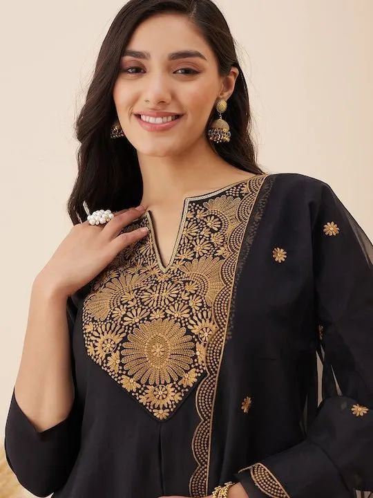Floral Yoke Design Regular Chanderi Cotton Kurta With Trousers & Dupatta