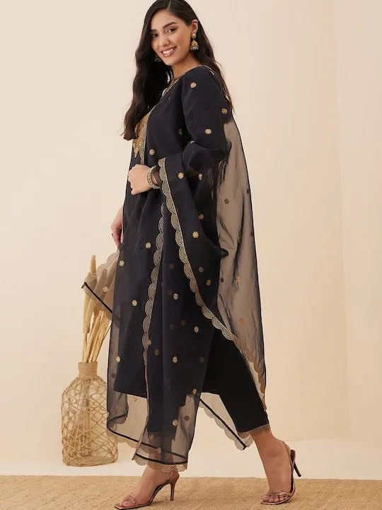 Floral Yoke Design Regular Chanderi Cotton Kurta With Trousers & Dupatta