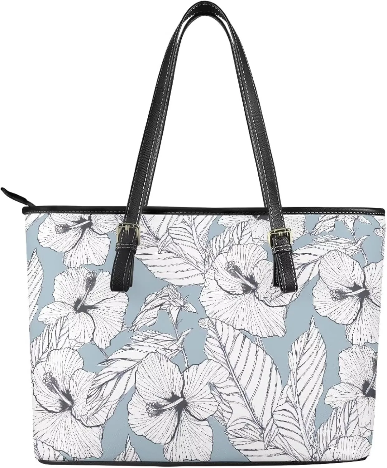 Flowers Soft Leather Tote Bag for Women Handbag Purse, Coastal Style Faux Leather Zipper Travel Tote Bag 13.5 Inch