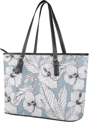 Flowers Soft Leather Tote Bag for Women Handbag Purse, Coastal Style Faux Leather Zipper Travel Tote Bag 13.5 Inch