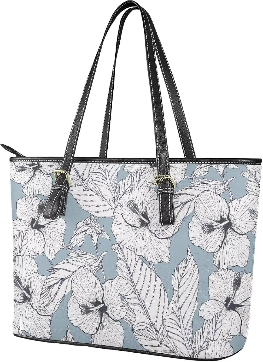 Flowers Soft Leather Tote Bag for Women Handbag Purse, Coastal Style Faux Leather Zipper Travel Tote Bag 13.5 Inch