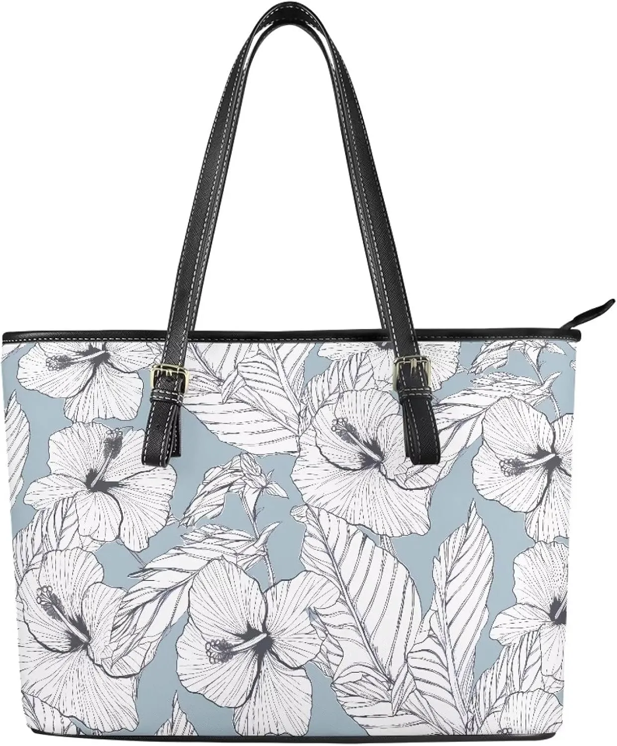 Flowers Soft Leather Tote Bag for Women Handbag Purse, Coastal Style Faux Leather Zipper Travel Tote Bag 13.5 Inch