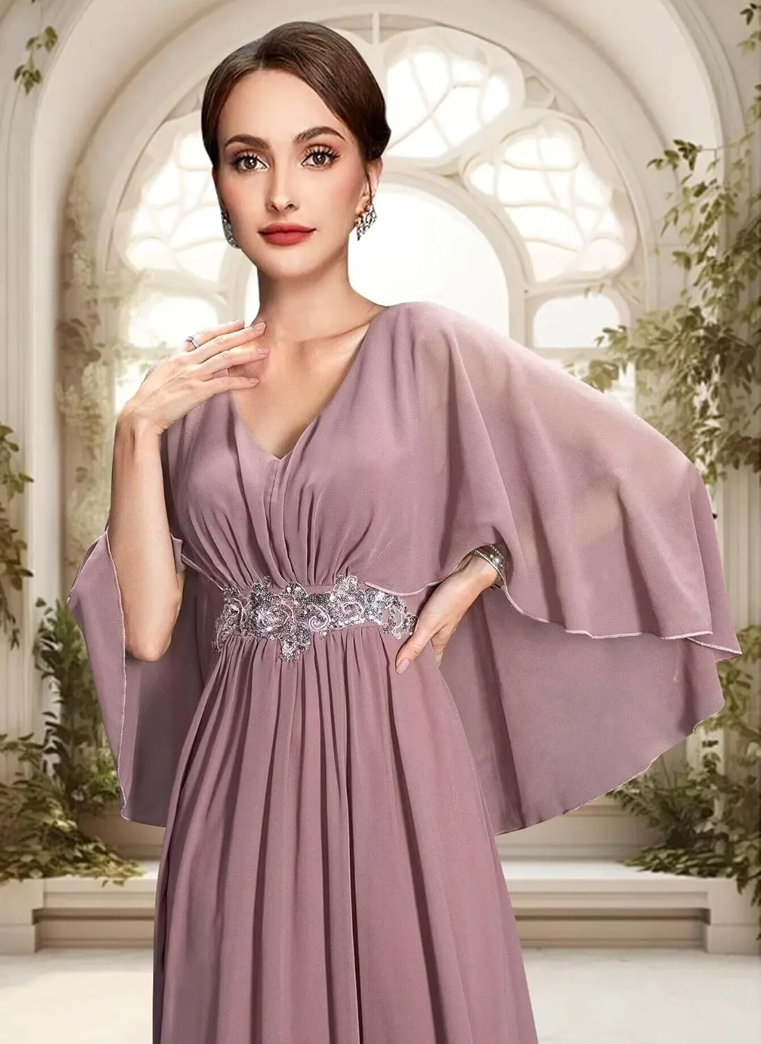 Flutter Sleeve Chiffon Mother of The Bride Dresses Long Lace Beaded Formal Dresses for Women