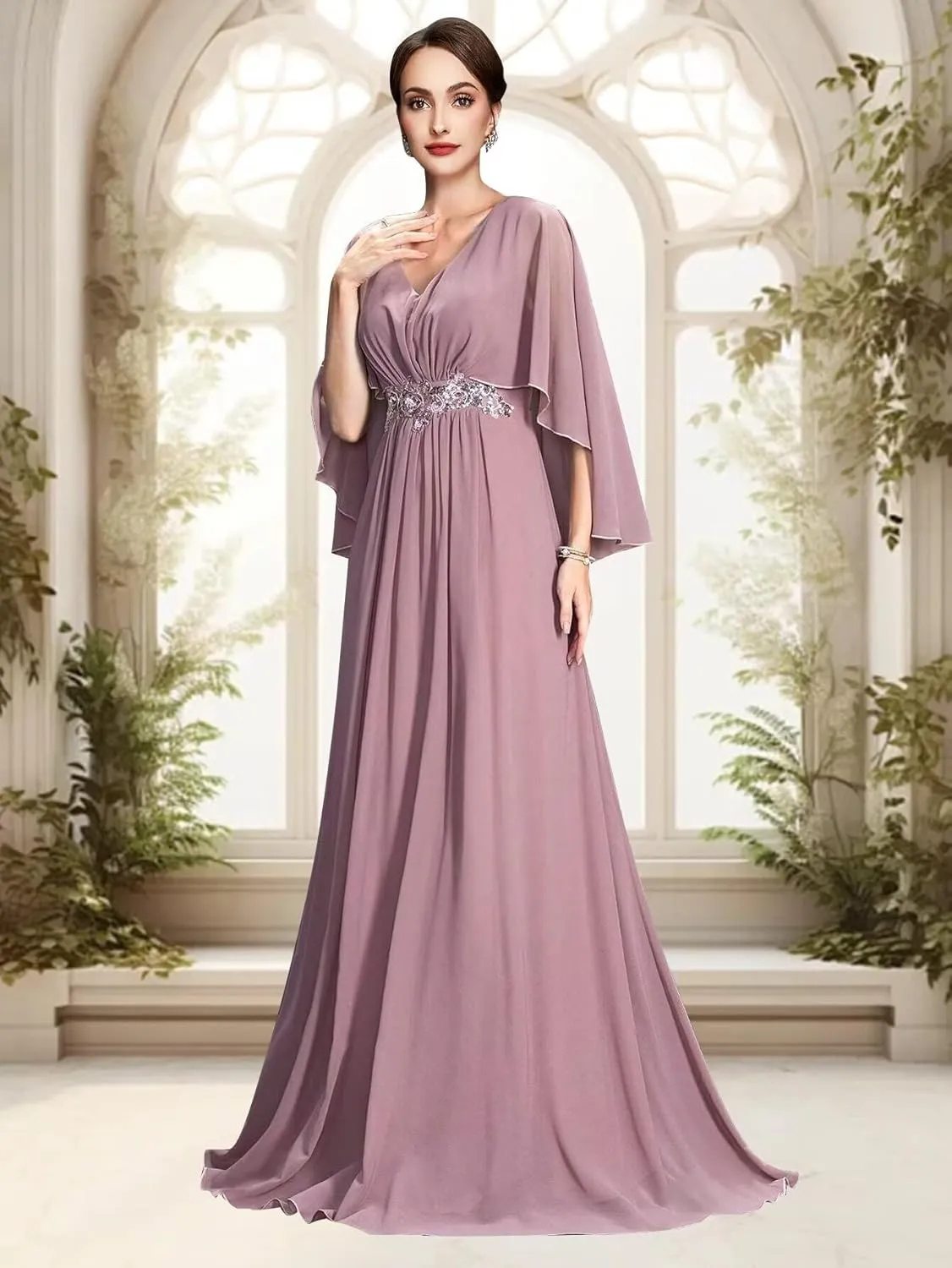 Flutter Sleeve Chiffon Mother of The Bride Dresses Long Lace Beaded Formal Dresses for Women