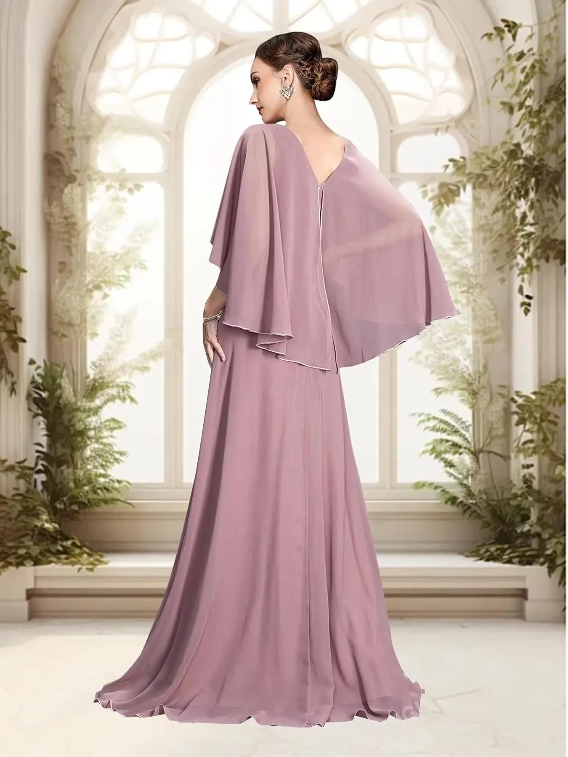 Flutter Sleeve Chiffon Mother of The Bride Dresses Long Lace Beaded Formal Dresses for Women