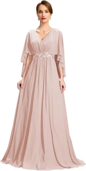 Flutter Sleeve Chiffon Mother of The Bride Dresses Long Lace Beaded Formal Dresses for Women