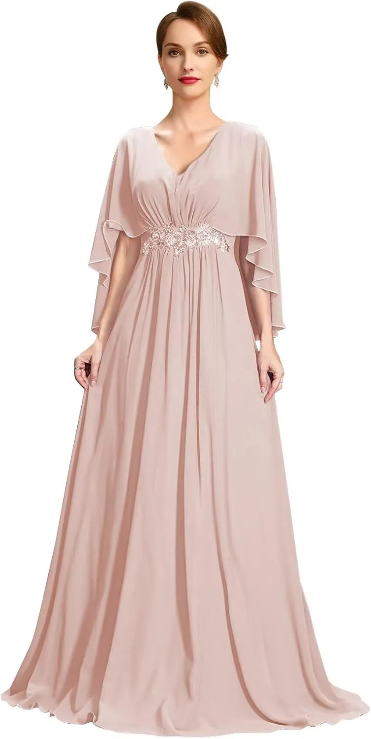 Flutter Sleeve Chiffon Mother of The Bride Dresses Long Lace Beaded Formal Dresses for Women