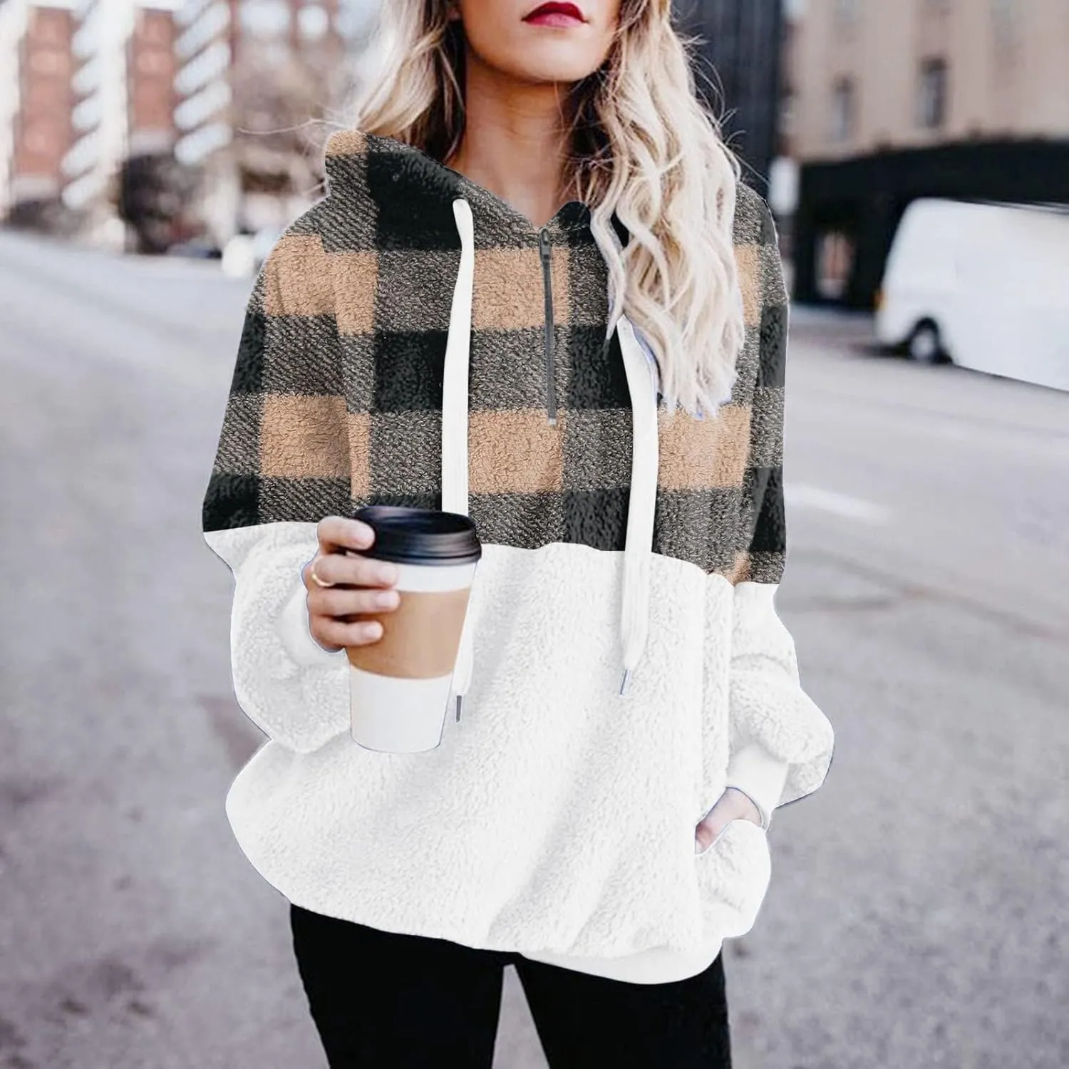 Fuzzy Hoodies for Women Half Zip Sherpa Fleece Oversized Hooded Sweatshirt Quarter Zip Pullover with Pockets