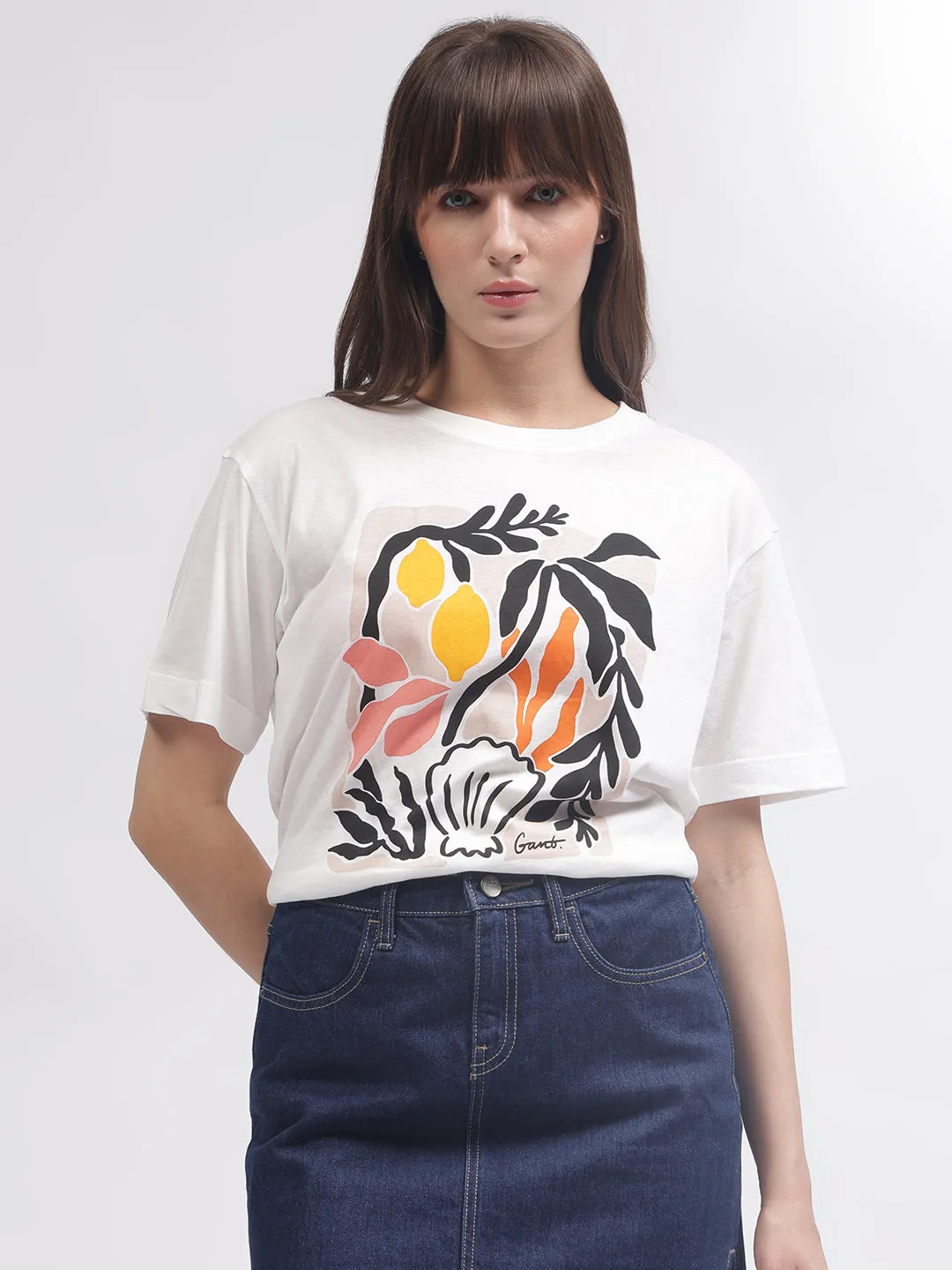 Gant Women White Printed Round Neck Short Sleeves T-shirt