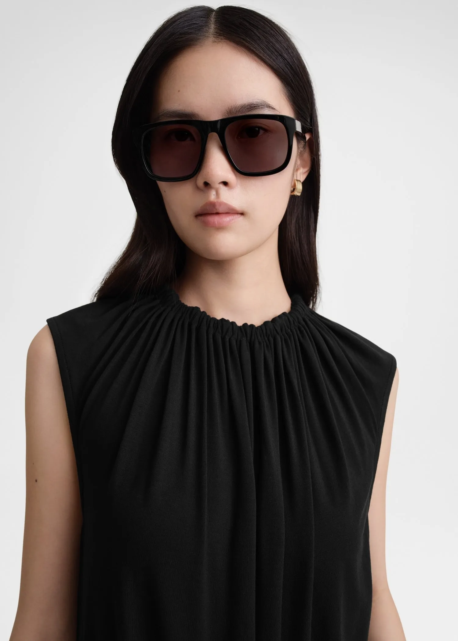 Gathered-neck jersey top black