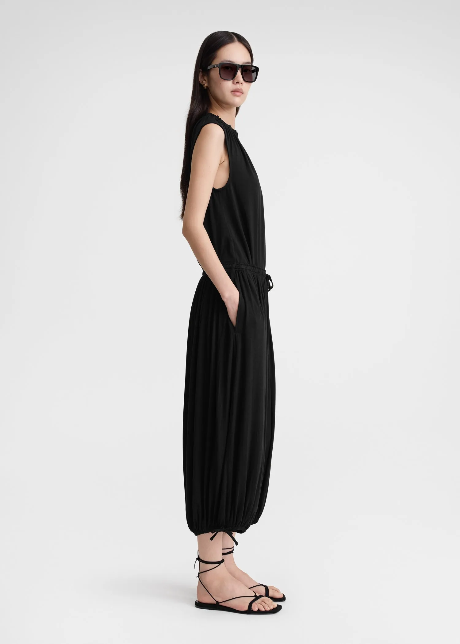 Gathered-neck jersey top black
