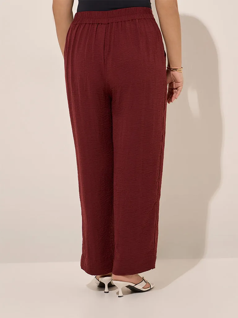 Gia Maroon Crinkle-Textured Mid-Rise Wide-Leg Trousers
