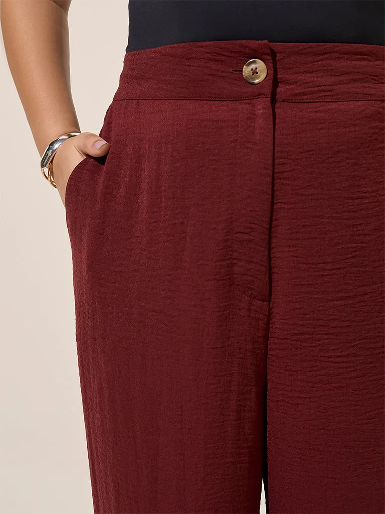 Gia Maroon Crinkle-Textured Mid-Rise Wide-Leg Trousers