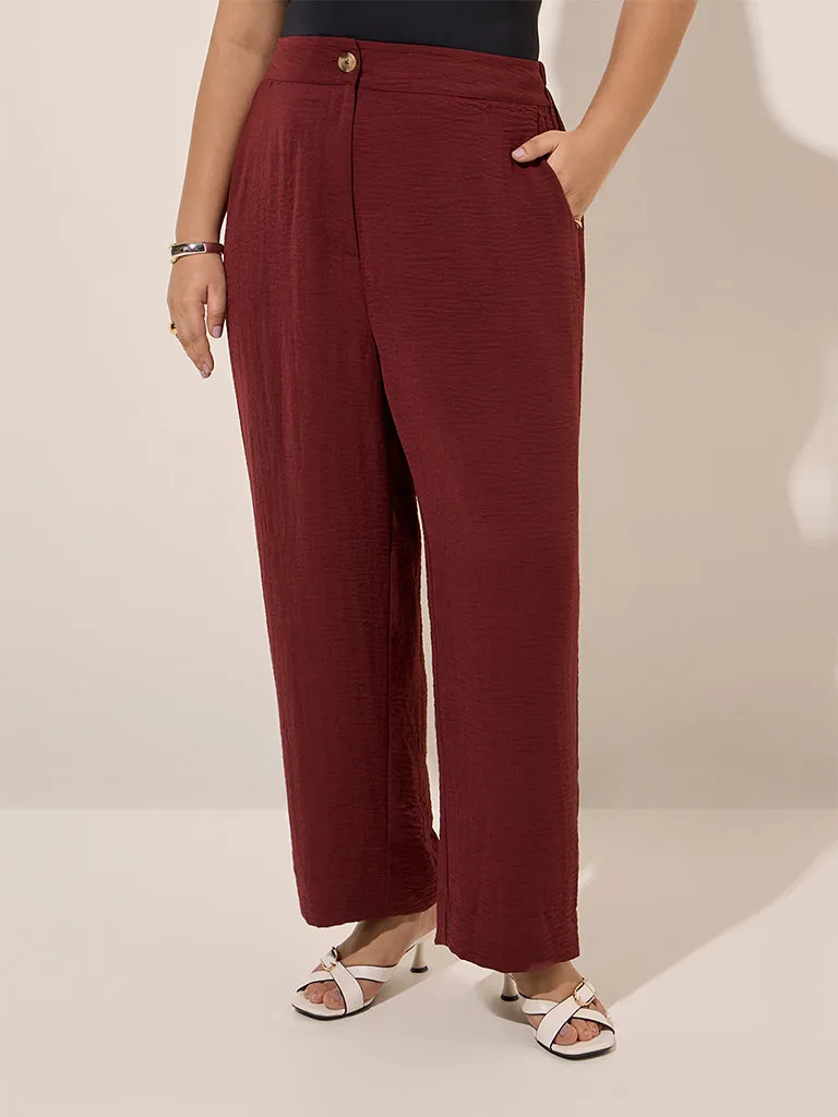 Gia Maroon Crinkle-Textured Mid-Rise Wide-Leg Trousers