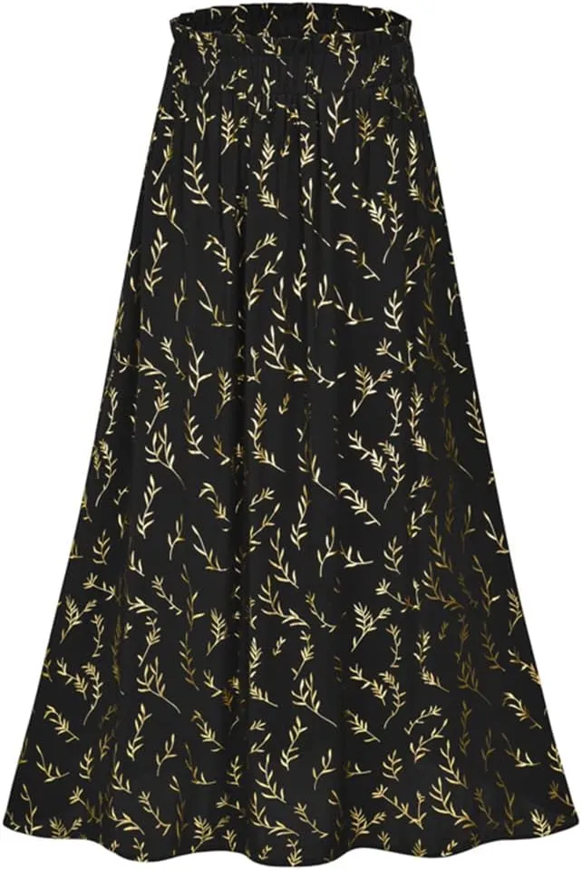 Gienergy Yellow Leaf Floral Pleated Midi Skirt Women's Elastic High Waist Side Pocket Skirt Summer Women's Bottoming Skirt