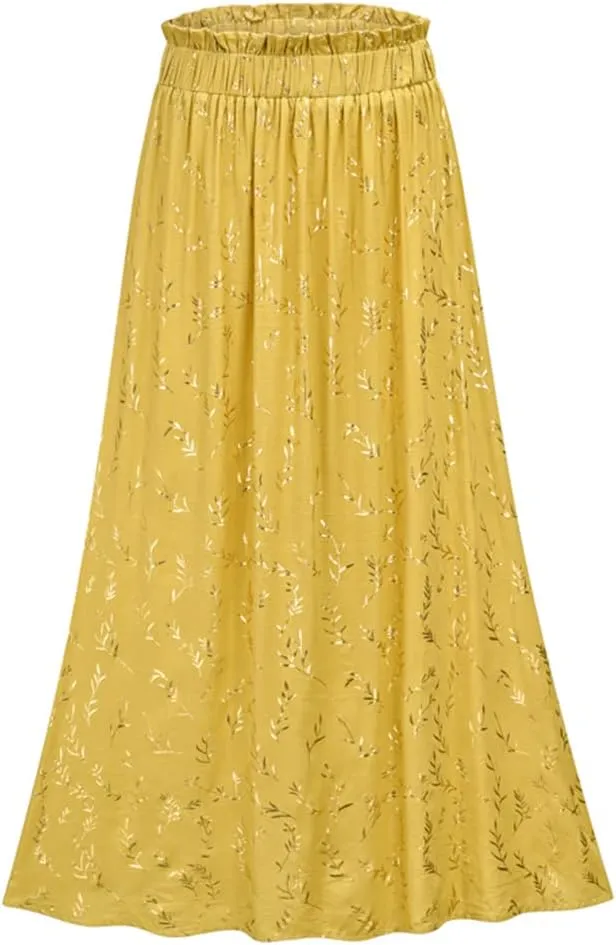 Gienergy Yellow Leaf Floral Pleated Midi Skirt Women's Elastic High Waist Side Pocket Skirt Summer Women's Bottoming Skirt