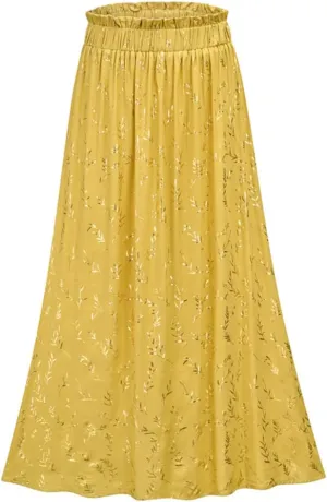 Gienergy Yellow Leaf Floral Pleated Midi Skirt Women's Elastic High Waist Side Pocket Skirt Summer Women's Bottoming Skirt