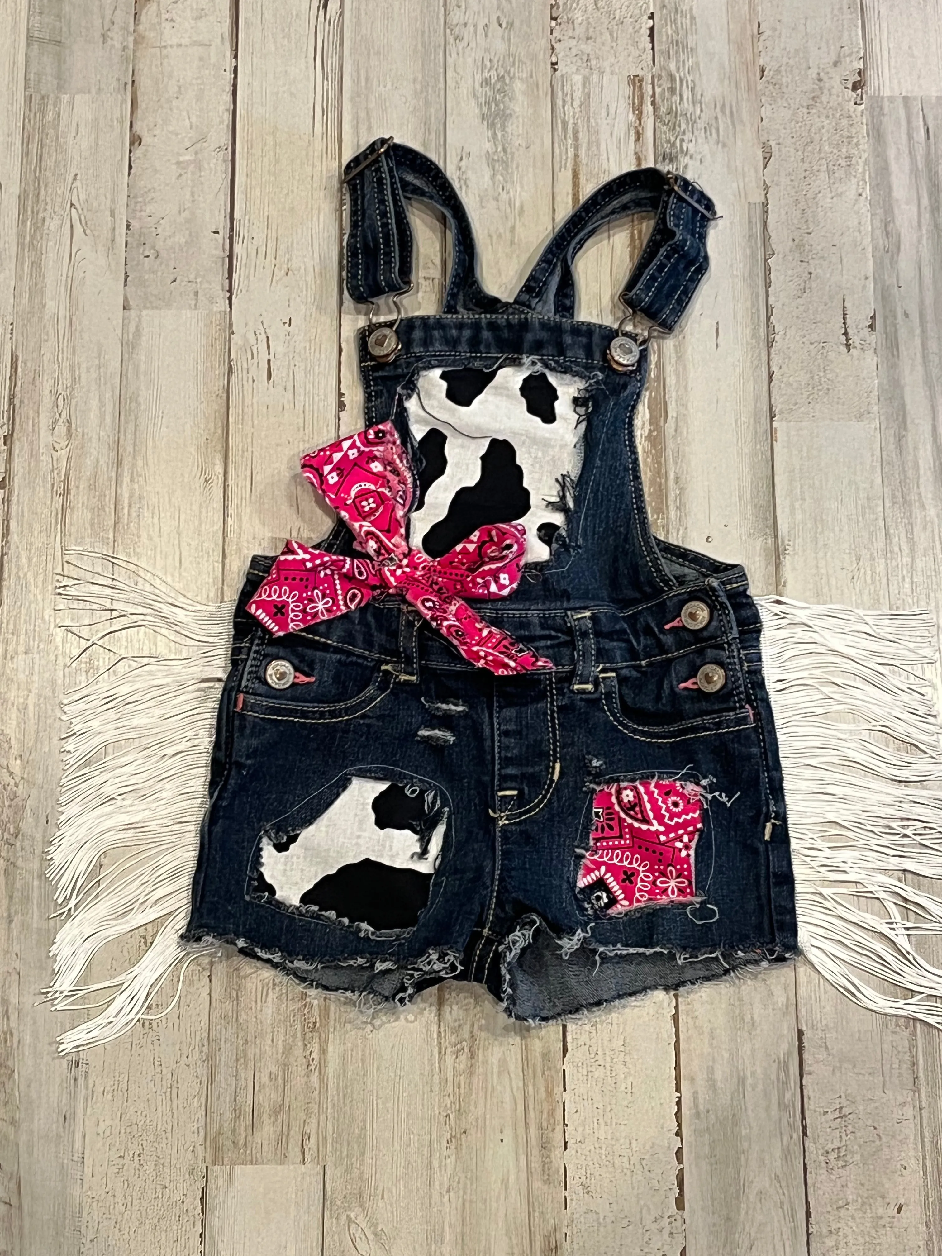 Girls Cow print shortalls w/fringe ( overalls) - cows - boutique - Patched bandana print overall shorts- distressed- cowgirl - pink bandana - farm birthday
